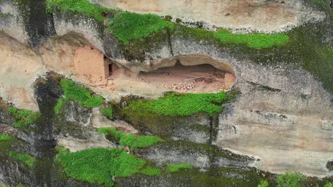Ancient Cliff Caves of Meteora, Greece. Secret Cliffside Caverns of Meteora. Stock Footage 322974584