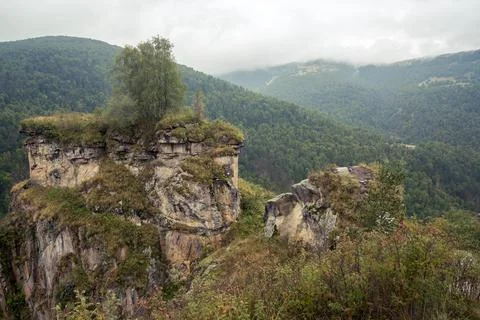 Ancient cliffs Avatars surrounded by deep forest, North Caucasus, Russia Stock Photos