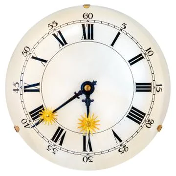 Ancient clock face with small golden sun clock hands Stock Photos