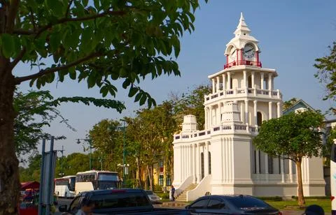 Ancient clock tower building in front of Wat Pho Stock Photos