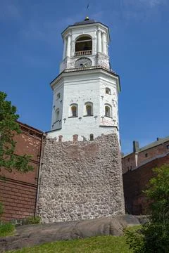 Ancient Clock Tower close-up. Vyborg, Russia Stock Photos