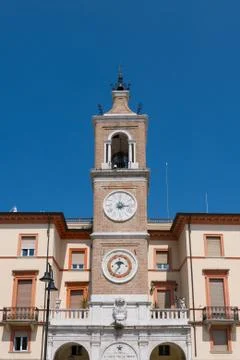The ancient clock tower in Square of the Three Martyrs , Rimini Stock Photos