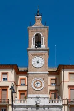 The ancient clock tower in Square of the Three Martyrs , Rimini Stock Photos