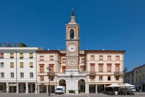 The ancient clock tower in Square of the Three Martyrs , Rimini Stock Photos