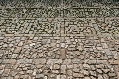 Ancient cobblestone pavement and rustic stone wall with patches of greenery Stock Photos