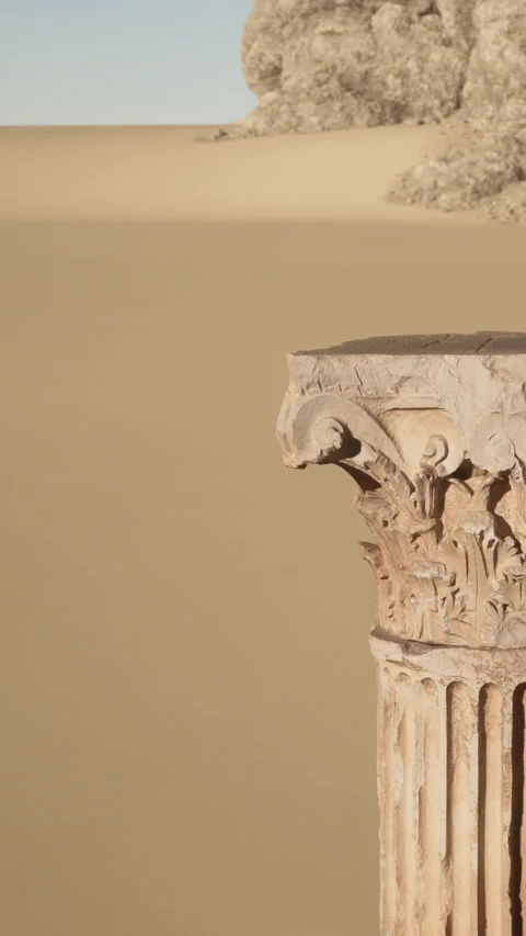 Ancient column stands alone in the desert near rocky formations Stock Footage 341270561