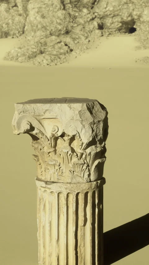 Ancient column stands alone in vast desert landscape under clear sky Vidéo 310262000