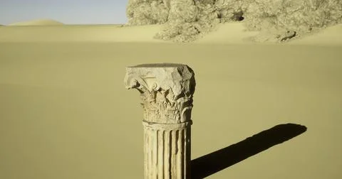 Ancient column stands alone in vast desert landscape under clear sky Illustration