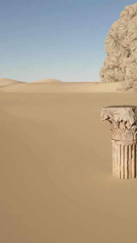 Ancient column stands in a vast desert landscape with sand dunes Stock Footage 341258063