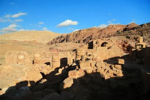 Ancient columns of Great Temple or Temple of Winged Lions in Petra, Jordan 스톡 사진