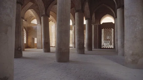 Ancient columns of hypostyle hall inside Jameh Mosque of Isfahan Stock Footage 99969474