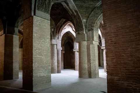 Ancient columns of hypostyle hall inside the Jameh Mosque of Isfahan Stock Photos