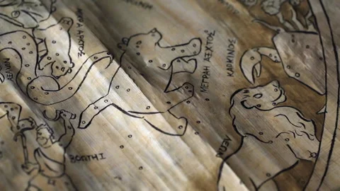 Ancient constellation map depicting artwork of gods and mythical figures Stock Footage 202900890