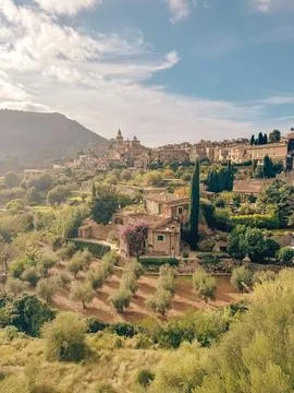 Ancient constructions in a small Catalan town in Mallorca with olives trees in Stock Photos