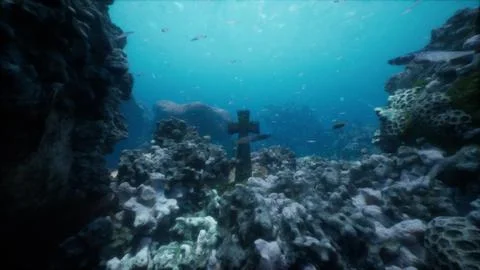 Ancient cross submerged necropolis element Stock Illustration