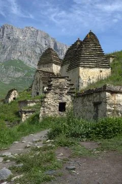 Ancient crypts on the territory of the complex Dargavs (city of the dead) Stock Photos
