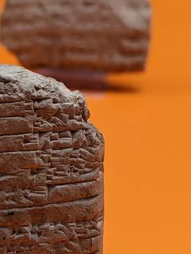 Ancient cuneiform tablet close-up on orange background Stock Photos