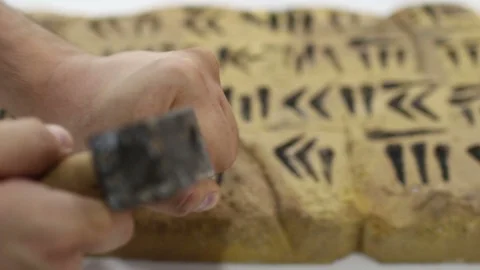Ancient cuneiform writing by a man using a hammer and chisel Stock Footage