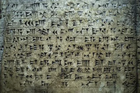 Ancient cuneiform writing script on the wall Foto stock