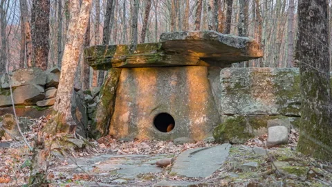 Ancient Dolmen in the front of a forest at sunset Stock Footage 142628337