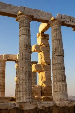 Ancient Doric marble columns at the Temple of Poseidon in Sounion, Greece. Stock Photos