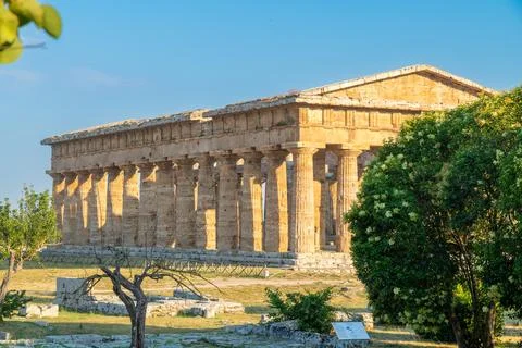 Ancient Doric Temple with Pediment and Columns in Paestum Stock-Fotos