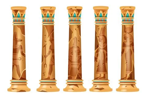 Ancient Egypt column set, vector old stone pillar collection, antique temple Stock Illustration