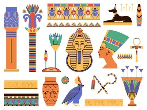 Ancient egypt elements. Egyptian landmark, monument ruins and sculpture Illustrazione stock