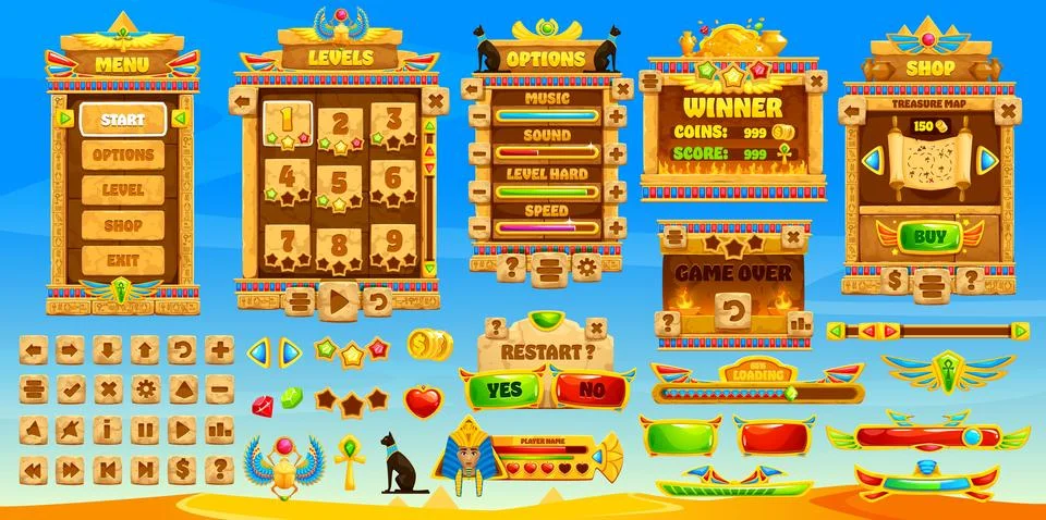 Ancient Egypt game interface, GUI buttons, assets Stock Illustration