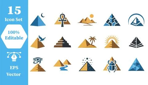 Ancient egypt icon set featuring pyramids and egyptian symbols, archaeology Stock Illustration