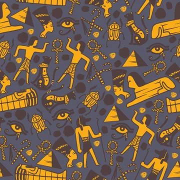 Ancient Egypt icons in seamless pattern, vector illustration. Wrapping paper Stock Illustration