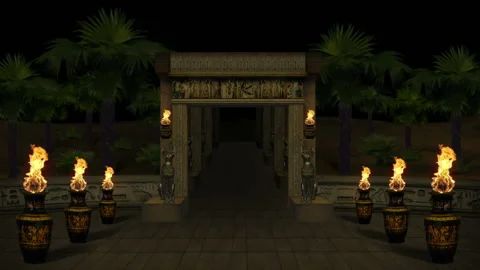 Ancient Egypt night on balcony with fire motion background art vj loop Stock Footage 144643663