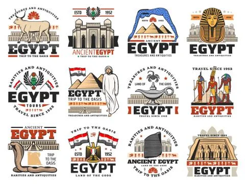 Ancient Egypt pyramid, god, map and flag icons Stock Illustration
