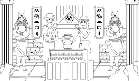 Ancient Egypt pyramide inside coloring book page for kids and adults with arc Stock Illustration