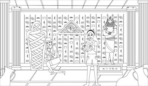 Ancient Egypt pyramide inside interior with columns and symbols,coloring book Stock Illustration
