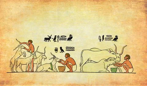 Ancient Egypt slaves attending cows and goats Stock Illustration