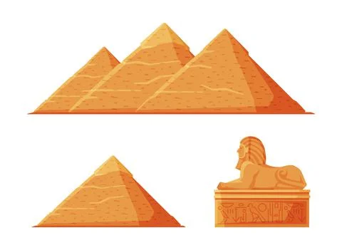 Ancient Egypt Sphinx Sand Statue and Pyramid Side View Vector Set Stock Illustration