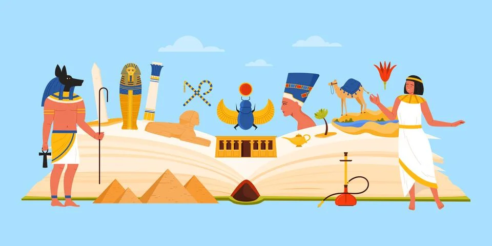 Ancient Egypt study, culture elements and famous landmarks in infographic Illustration