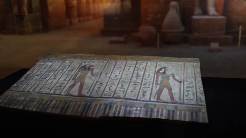 An ancient Egyptian artifact featuring detailed hieroglyphs and depictions of go Stock Footage 301793010