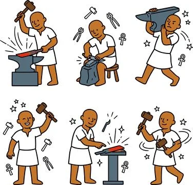 Ancient Egyptian Blacksmith Working with Anvil and Hammer in a Set of Six I.. Stock Illustration
