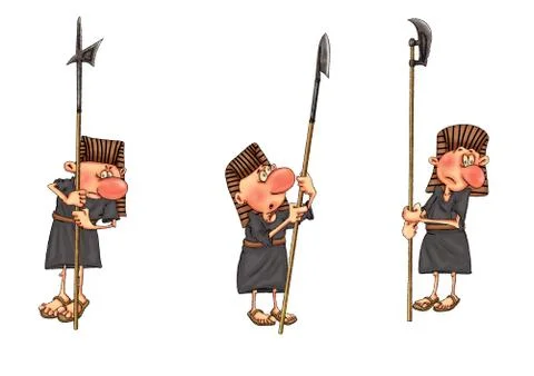 Ancient Egyptian guards with spears in different poses. Caricature illustrati Stock Illustration