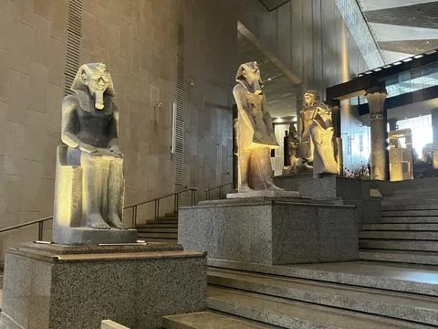Ancient Egyptian monuments meet modern design at Grand Egyptian Museum Stock Photos