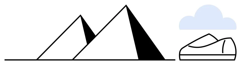 Ancient Egyptian Pyramids with Sphinx and Cloud in Minimalist Line Art Style Stock Illustration