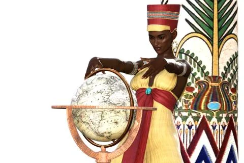 Ancient egyptian queen looking at terrestrial globe Stock Illustration