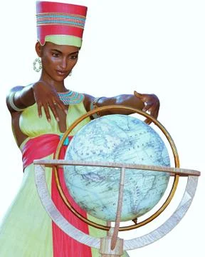 Ancient egyptian queen looking at terrestrial globe Stock Illustration