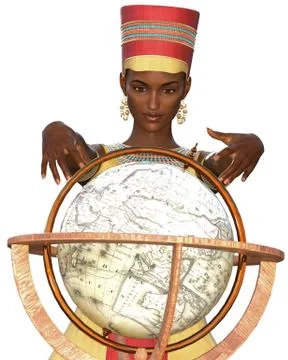 Ancient egyptian queen looking at terrestrial globe Stock Illustration