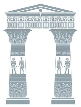 Ancient Egyptian Temple Columns with Hieroglyphic Ornament Vector Stock Illustration