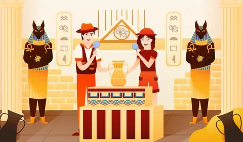 Ancient egyptian tomb background with explorer hunting for treasure, gods Stock Illustration