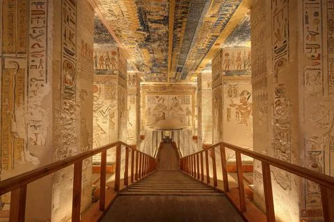 Ancient Egyptian Tomb Interior with Hieroglyphic Wall Paintings Stock Photos