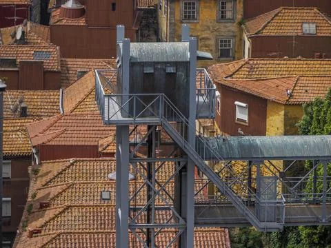 Ancient elevator in Porto old town street view building, portugal Stock Photos